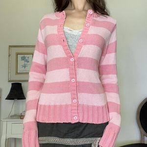 Frauenpullover Xingqing Grunge Y2K Märchenpullover Frauen Pink Striped Button Down Long Sleeve Cardigan Tops 2000er ästhetische Strickkleidung 230817