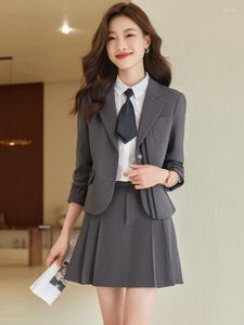 Duas peças Vestido de traje cinza feminino Autumn Slim Mini Skirt Office Business Lady Set Mulher Minimalismo Big Size Blazer Coat Roupfits