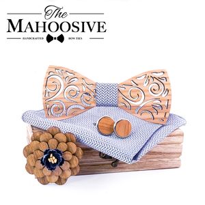 Halskrawatten Holz Bowtie Handky Manschettenknöpfe Set Holzfliege Fliege Biege für Männer Hochzeitsfeiern Krawatten Taschenquadrat Taschentuch Cravat T297 230818