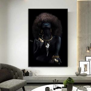 Målningar African Black Woman Canvas Målning Moderna konst affischer och tryck Cuadros Fluffiga hår Kvinnor Bilder för vardagsrum Vägg 230817