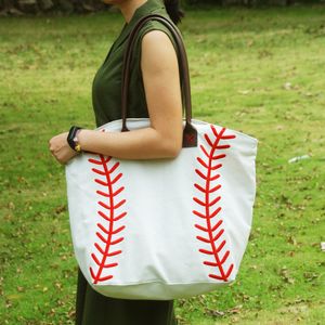 30PCS Printed Baseball Tote Bag White Canvas Shoulder Bag Women Casual Shopping Travel Bag