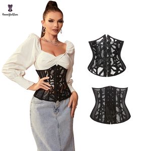 Tomosa da cintura Sumor Summer Hollow Out Cincher 5 Metal Busk Women Conteiro Preto Mesh Translúcido Underbust Corset Top Plus Tamanho XS6XL 2308017