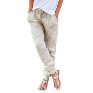 Pantaloni femminili da donna in cotone in cotone casual pantaloni in vita elastico con tasche pantaloni di colore solido de mujer