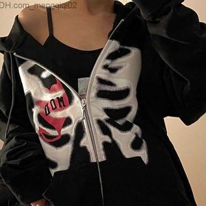 Men's Hoodies Sweatshirts Harajuku Kaii Zipper Hooded Women's Skull Print Vintage Zipper Coat Top Y2K Grunge Loose Sleeve Sweatshirt Women's Hoodie Z230818