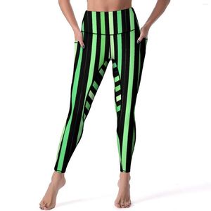 Active Pants Colorblock Print Leggings Green Stripes Push Up Yoga Casual Stretch Legging Lady Graphic Work Out Sports Tights