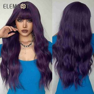 Synthetische Perücken Element Lange wellige synthetische Perücke mit Pony Dark Puce Purple Body Curly Hair Perücken für Frauen täglicher Party Cosplay Hitzebeständig HKD230818