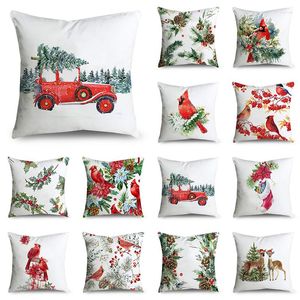 Pillow Merry Christmas Throw Covers 40/45/50cm Red Cardinals Reindeers Holly Berries Case For Sofa Couch Home Decor