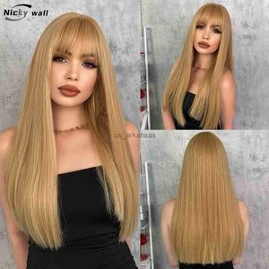 Synthetic Wigs Blonde Long Straight Wig Synthetic with Bangs Natural Hairline Wig Highlight Black Brown Pink Wig For Women Daily Cosplay Party HKD230818