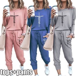 Womens Hoodies Sweatshirts Faith Jesus Cross Prints Sportswear Suit Track Solid Color Longsleeved Jogging Top Pants7 Colors 230818