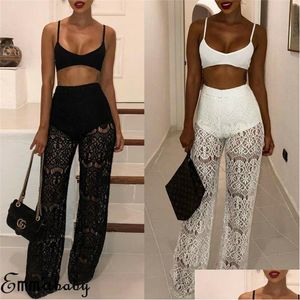 Frauenhose Capris sexy Frauen Damen schiere florale Spitze Beach Kleidung Er oben Hosen Frauen hohe Taille hohl Out Long Lady Clot DHM4W