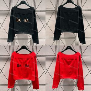Womens Knitted Sweater Jumper Letter Embroidery Elastic Fashion Slash Neck Sexy Short Knitwear