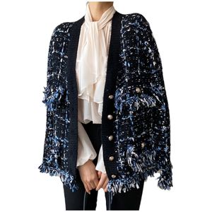 New fashion women's autumn color block tassel fringe patchwork loose single breasted thickening sweater cardigan coat
