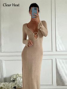 Basic Casual Dresse Elegant Hollow Out V Neck Knitted Maxi Dress 2023 Female Flare Long Sleeve Cut Slim Beach Lady Vacation Vestidos 230817