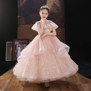 Shiny Ball Gown Flower Girl For Wedding Long Sleeve Floral Appliques Lace Girls Pageant Dress A Line Kids Birthday Gowns Princess Children Wed Party Dresses 403