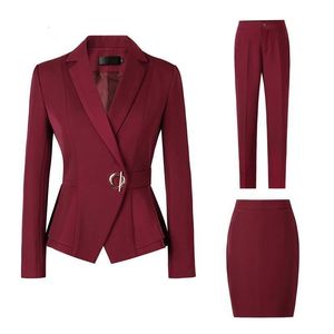 Womens Two Piece Pants Factory spot wholesale wine red blue black 5XL womens winter twopiece formal Long Sleeve Ruffle slim fitting suit and pants of 230817