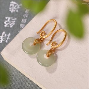 Hoop Earrings S925 Sterling Silver Gold-Plated Leaf Sapphire Safety Buckle Personality Hetian Jade Nostalgia
