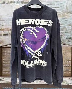 Men's Hoodies Sweatshirts Real Photo Hellstar Long Sleeve T-shirt Purple Heart Graffiti T Shirt Do Old Wash Water Craft Vintage Men Women HELLSTAR Top Tee T230818