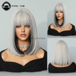 Synthetic Wigs Highlight Platinum Straight Hair Short Bobs Wigs with Bangs Synthetic Women Wig Lolita Cosplay Party Daily Use Heat Resistant HKD230818