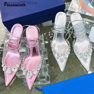 Dress Shoes Famous brand style Luxury Big Rhinestones Women sandals Sexy Ankle strap Crystal Stiletto High heels Summer Wedding Prom Shoes T230818