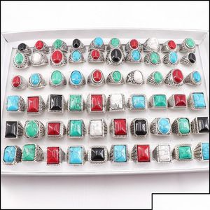 Band Rings Jewelry 20Pcs Vintage Square Ellipse Turquoise Stone Ring For Men Women Party Gift Mix Style Drop Deliv Dhq5O Delivery Dhimr