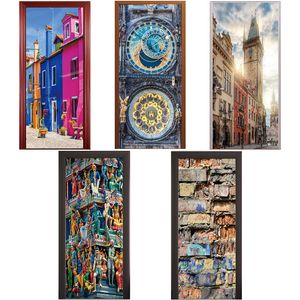 Wall Stickers 3D Door Sticker Temple Prague Square Clock Tower Venice Street Brick Wooden Renovation Home Decoration Paste Mural 77x200cm 230817