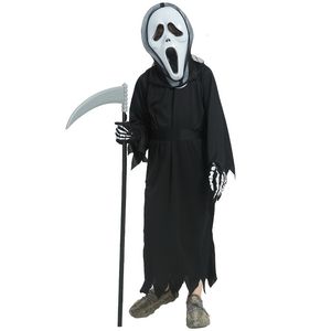 Särskilda tillfällen Halloween Horror Screaming Ghost Costume Kid Terrible Black Robe Dress Up Devil Dark Messenger Scythe Cosplay Set Mask 230818