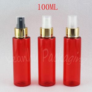 Storage Bottles 100ML Red Flat Shoulder Plastic Bottle With Gold Spray Pump 100CC Empty Cosmetic Container Toner / Water Sub-bottling