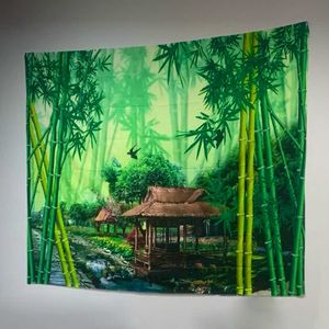 Tapisseries studera hem landskap vägg tapestry kinesisk stil zen trädgård grön bambu massage stenvatten liljan tryckt vägg hängande rum dekor