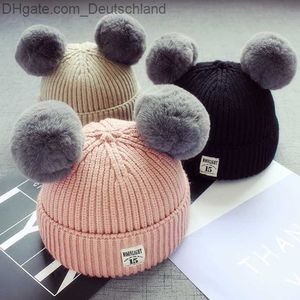 Beanie/Skull Caps Baby Rabbit Fur Pom Ball Knitted Beanies Hat Winter Warm Babies Woolen Crochet Skullies Caps Z230818