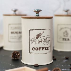 Storage Boxes Bins Tea Coffee Sugar Jars Wooden Lid Sealed Box Kitchen Metal Canister Tin Jar Loose Grain Cereals Candy Organizer Container 230817