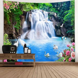 Tapestries Nature Landscape Tapestry Chinese Scenery Painting Home Decor Mountain Waterfall Sunset Flower Wall Hanging Wall Decoration