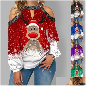 Damen T-Shirt Elchdruck sexy trägerlose große Damen T-Shirts Top Lanternärmel Langarmes Weihnachtsfest-Frauen Kleidung Drop de Dhdkp