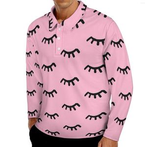 Camas de pólo de pólo de pólo de pólo masculino desenho animado de outono de outono de olhos fechados camisa casual manga longa colarinho de colarinho de colarinho gráfico de grandes dimensões de grandes dimensões