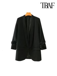 Kadın Takımları Blazers Trafı Kadın Moda Ofisi Giyim Temel Siyah Blazer Ceket Vintage Pileli Kol Cepleri Kadın Dış Giyim Şık Tops 230817