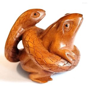 Decorative Figurines Y8546 : 2" Hand Carved Boxwood Netsuke Figurine Carving - Snake And Frog