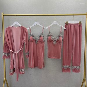 Women's Sleepwear Sexy Lace Trim Pijamas Suit Burgundy Velour 4PCS Pajamas Set Kimono Bathrobe Gown Loose Casual Home Clothes Nightgown