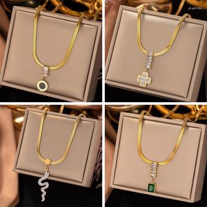 Kedjor Roman Green Zircon Pendant Necklace Titanium Steel CollarBone Chain Plated With 18K Gold for Women Smyckes