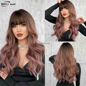 Synthetic Wigs Pink Brown Long Wave Wig Women Wig with Bangs Heat Resistant Synthetic Fiber Wigs Daily Party Lolita Cosplay Y2K Fake Hair Dense HKD230818