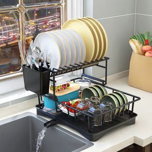Food Storage Organization Sets Doublelayer Metal Kitchen Dish Bowl Drying Rack with Drainboard Racks With Chopstick Cage Tableware Organizer Basket 230817