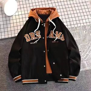 Men's Jackets Fashion Hooded Fake Two Pieces Baseball Uniform Men Autumn Winter Jacket Patchwork Striped Printed Letter Oversized 4XL 230818