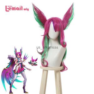 Synthetic Wigs L-email wig Synthetic Hair Xayah Cosplay Wigs Game LoL Star Guardians Cosplay Long Pink Green Wig with Ears Halloween Wig HKD230818