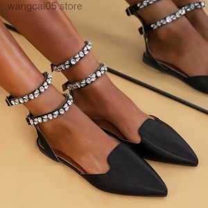 Dress Shoes Funky Rhinestone Flat Sandals Women Summer 2023 Pointed Toe Strappy Sandals Woman Plus Size 42 Ankle Straps Party Shoes Flats T230818