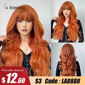 Синтетические парики La Сильфид оранжевый парик с длинными волнами Wigs с челками хорошего качества синтетических париков ежедневные вечеринка натуральные высокотемпературные волосы HKD230818