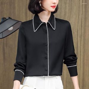 Women's Blouses Office Lady Real Silk Shirt Women Elegant Turn-down Collar Basic Shirts Long Sleeve Tops White Black Woman Casual Blouse