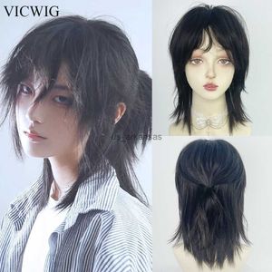 합성 가발 Vicwig Mullet Head Wig Short Synthetic Straight Black Fluffy Natural Wolf Tail Hair Men and Women Daily Party Cosplay HKD230818