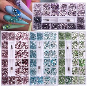 Decorações de arte na unha 21 grades 3100pcs kit de diamante por atacado de baixo para baixo lasco verde Charms azuis Cristais de aplicação com caneta 230816