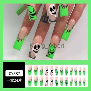 Ложные гвозди Хэллоуин Y2K Nails Long Balleerina Fake Nails Нажатия на ногтях с зелеными дизайнами черепа призрака.