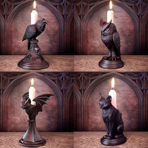 Candle Holders Halloween Gothic Crow Owl Bat Candlestick Desk Ornaments Resin Candle Holder Animal Statue Figurines Nordic Room Home Decoration 230817