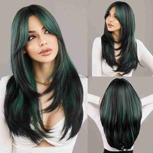 合成ウィッグnammふわふわラベンダー合成グリーンウィッグ女性のためのコスプレ新しいトレンドミドルパーツ波状緑の髪のウィッグ耐熱性繊維HKD230818