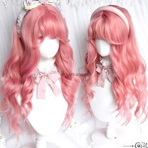Parrucche sintetiche parrucca cosplay con scoppi capelli sintetici dritti di long 24 pollici parrucca rosa resistente al calore per donne HKD230818